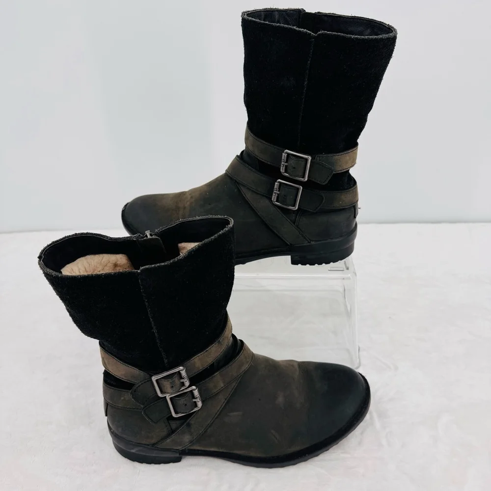 Ugg Lorna Black Boots Waterproof Genuine Leather Wool Lined 8.5” Shaft Size 8.5